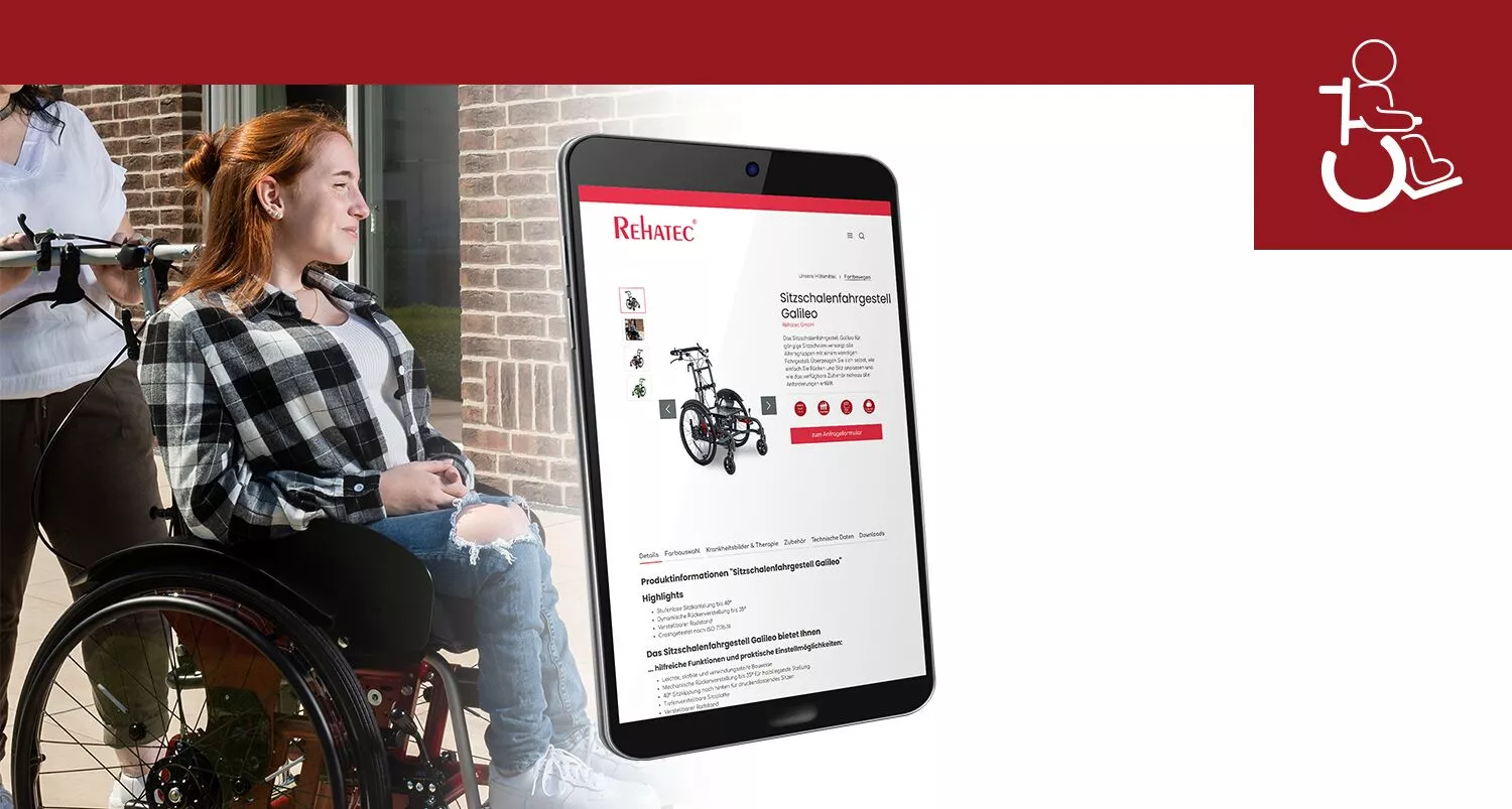 Rehahilfsmittel Website erstellen lassen - Tablet mit Website neben Frau im Rollstuhl