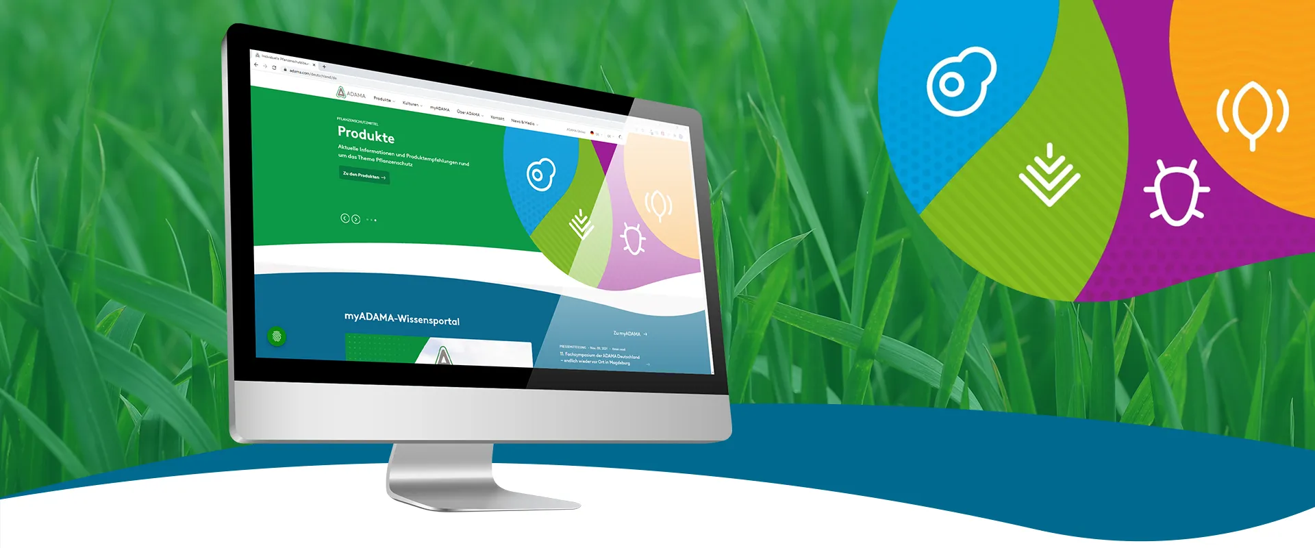 Content Management System Relaunch Pflanzenschutzmittel - Bunte Desktop-Webseite auf einem Mac-Bildschirm vor einem bunten Hintergrundbild