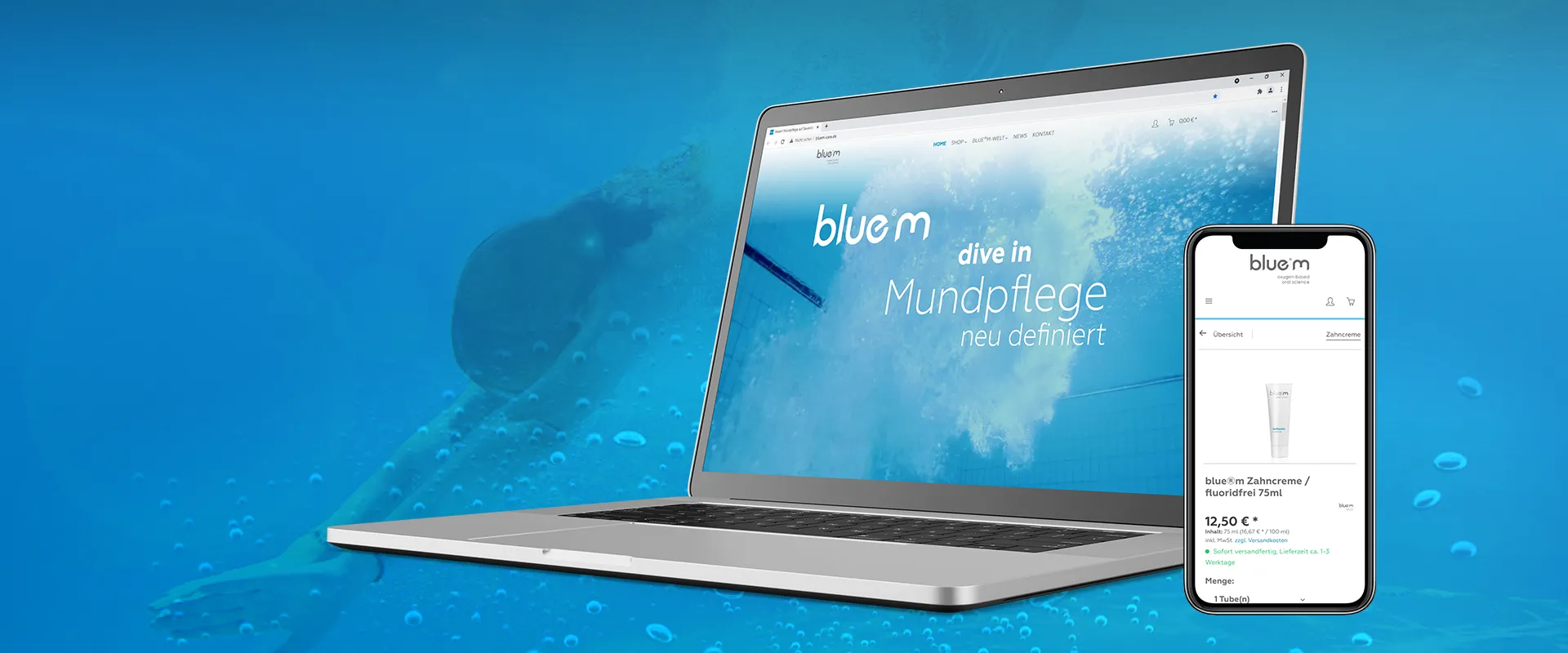 Onlineshop Relaunch Zahnpflegeprodukte - Handy- und Desktopversion des neuen Onlineshops auf Laptop und Smartphone