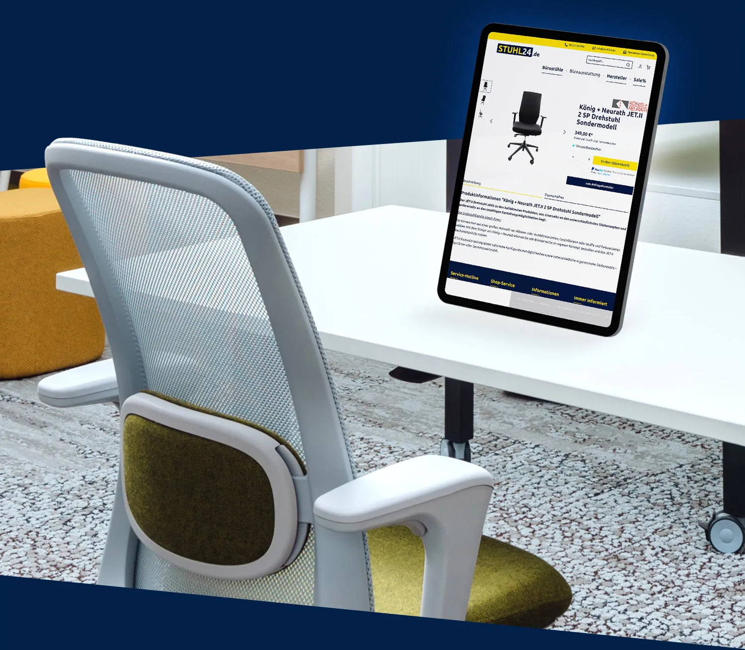 Detailsansicht Stuhl24 Onlineshop - Detailsansicht auf einem Tablet des Stuhl24 Onlineshop, im Hintergrund ist der Verkaufsraum mit Bürostühlen und Bürotischen zu sehen