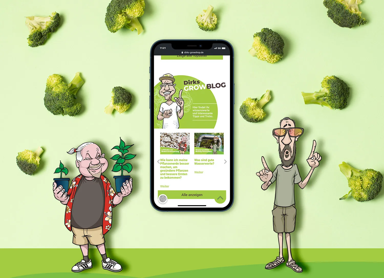 Dirks Growshop Blog DIY Tipps - Dirks GrowBlog-Teaser auf Handy und zwei Illustrationen