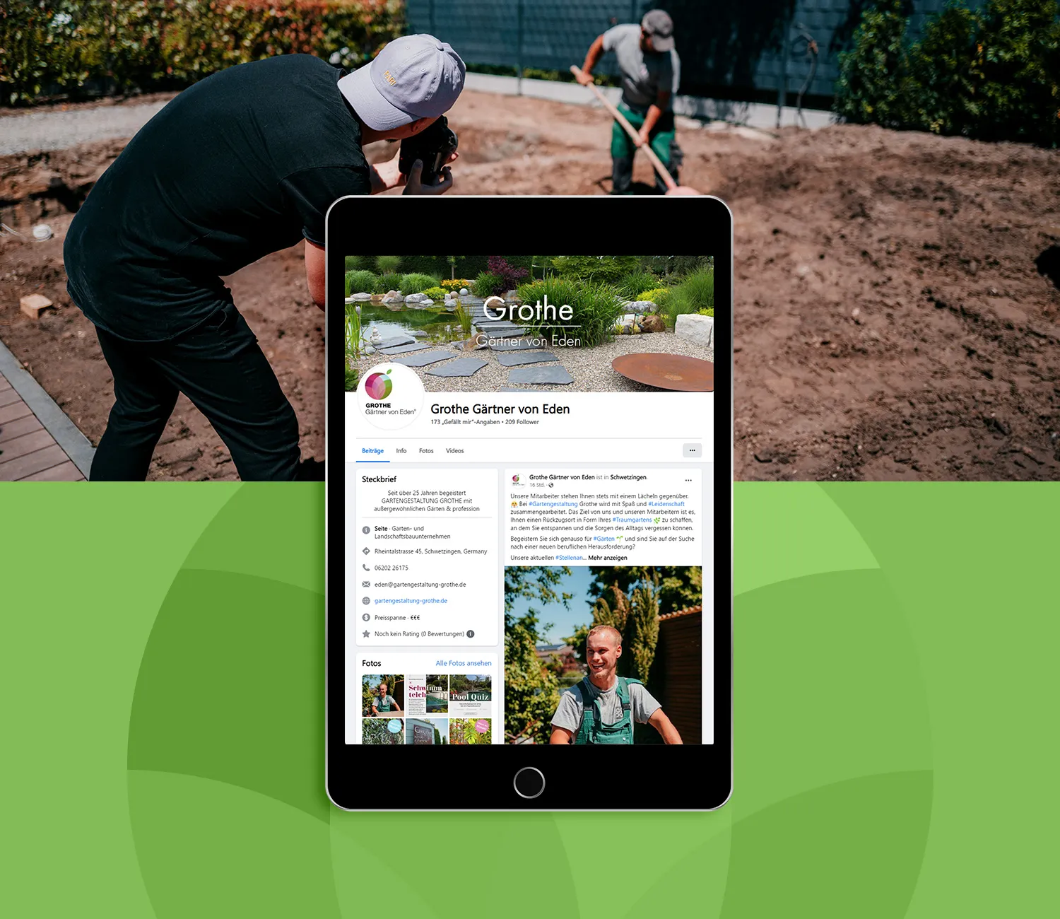 Grothe Facebook Auftritt - Grothe Gärtner von Eden auf einem Tablet, Fotograf fotografiert einen Gärtner bei der Arbeit