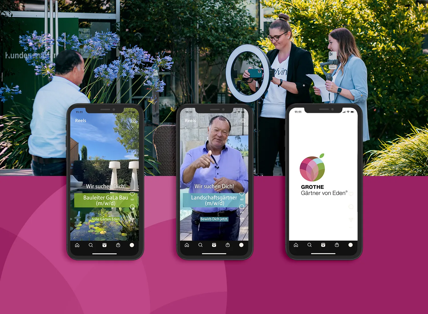Grothe Videodreh und Instagram Reels - Grothe Gärtner von Eden wird fotografiert, im Vordergrund drei Reel-Beispiele auf Smartphones
