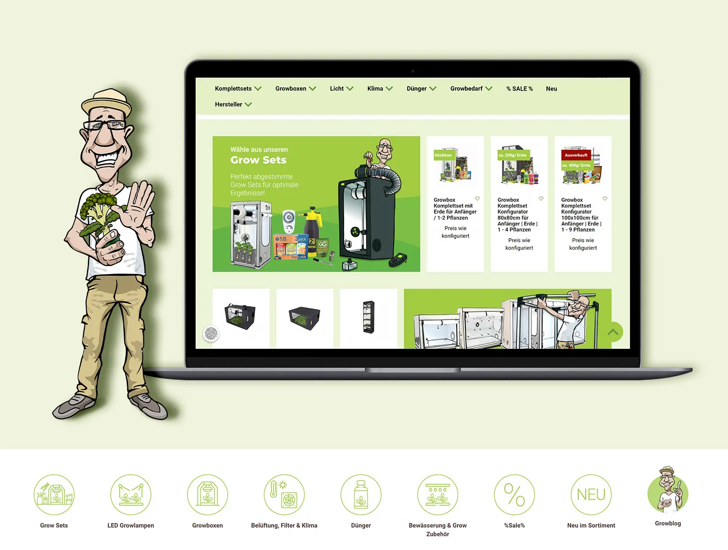 Growset DIY Dirks Growshop - Laptop mit Produktübersicht und daneben eine winkende Illustration von Dirk, Icon-Konzept Produktkategorien