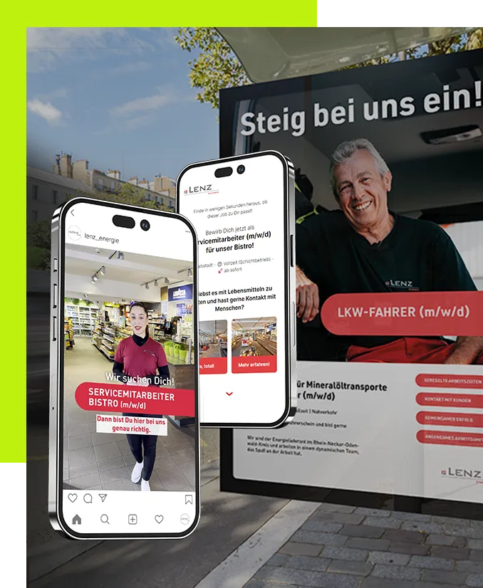 Internetagentur Mannheim - Online Mitarbeiter-Kampagne auf zwei Smartphone-Bildschirmen und einem Citylight-Plakat