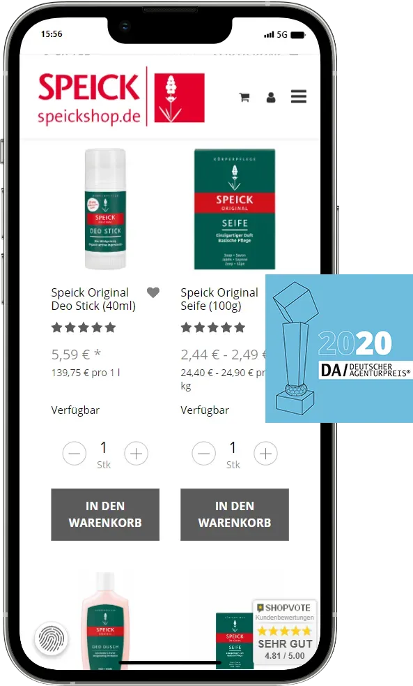 JTL Shop Agentur - Speik Onlineshop Produktansicht auf einem Smartphone mit dem Deutschen Agenturpreis 2020
