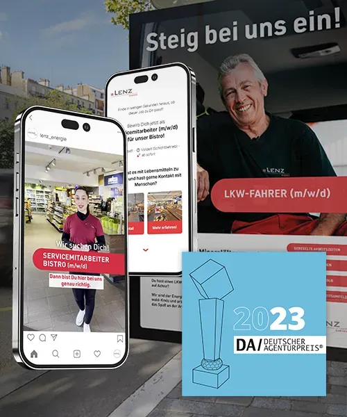 Lenz Energie Social Recruiting Kampagne Agenturpreis Gewinner 2023 - Handy Bildschirme und Citylight-Plakat mit der Gewinner Badge des Deutschen Agenturpreises 2023
