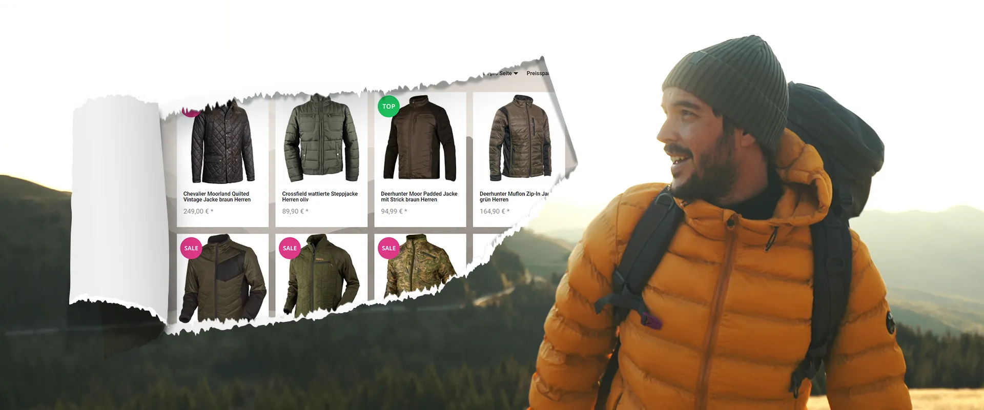 Onlinehop Aktivsport 24 - imc Referenz mit Ausschnitt aus dem Webshop und einem Wanderer als Keyvisual