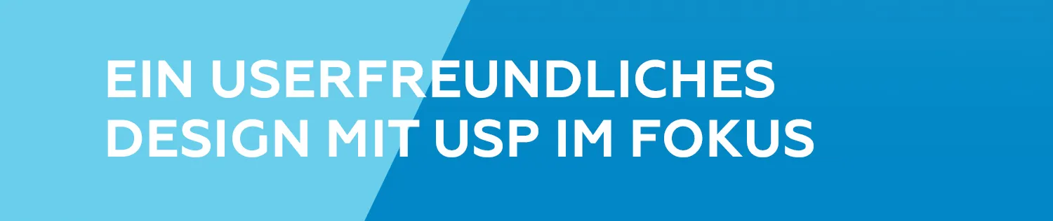 Onlineshop-Relaunch Zahnmedizin - Weiße Schrift auf blauem Grund mit dem Text "Ein freundliches Design mit USP im Fokus"