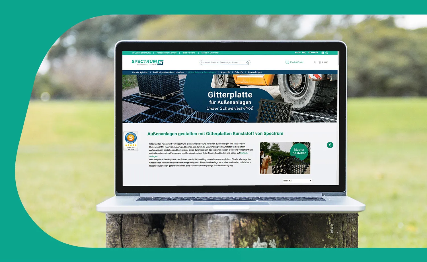 Paddockplatten Shop Gitterplatte - Paddockplatten Shop Seite über Außenanlagen gestalten mit Gitterplatten - Startseite auf Laptop
