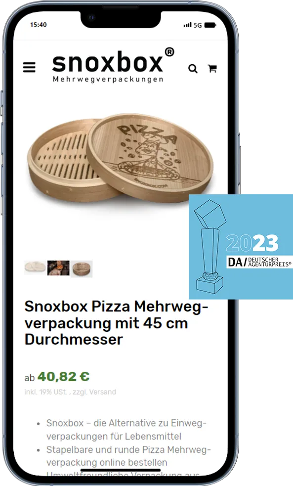 JTL Shop Agentur - snoxbox Onlineshop Detailansicht einer Pizza Mehrwegverpackung