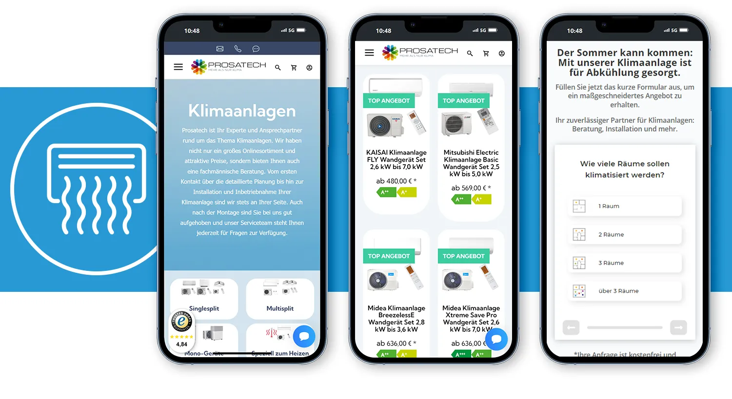 Webshop erstellen Referenz von imc - Onlineshop zum Thema Klimaanlagen, drei Handys mit unterschiedlichen Shop-Seiten
