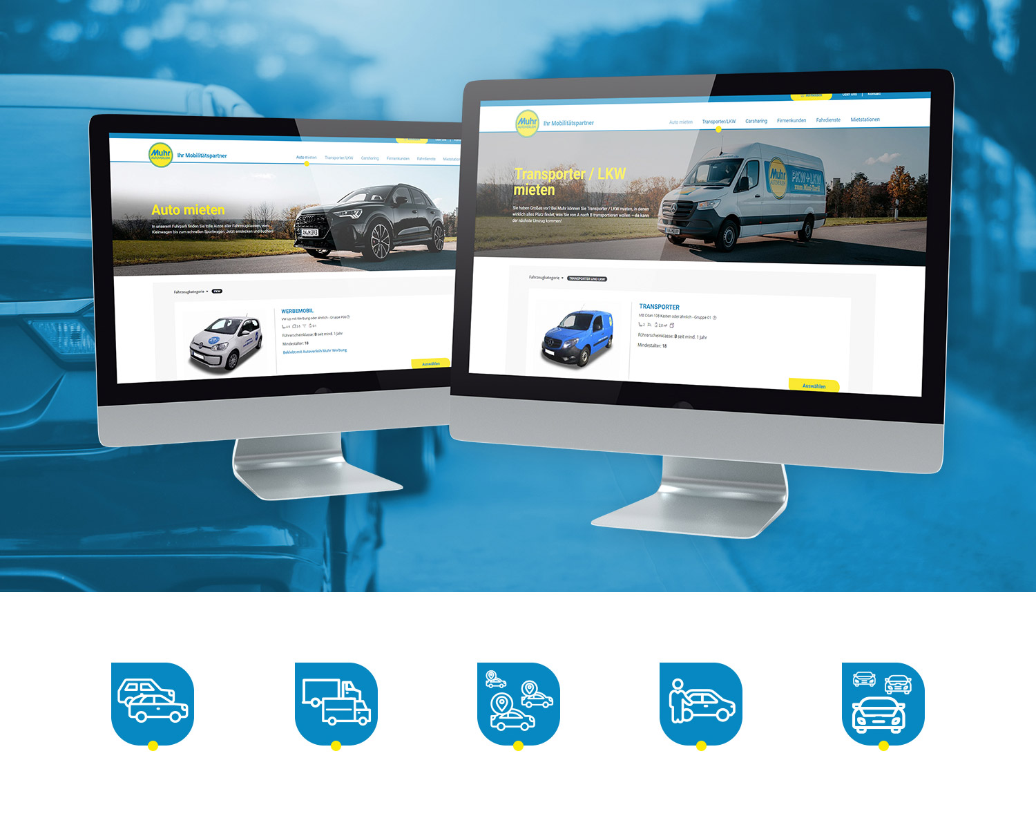 Zwei Monitore mit Muhr Autoverleih Webseite zum Auto oder Transporter mieten