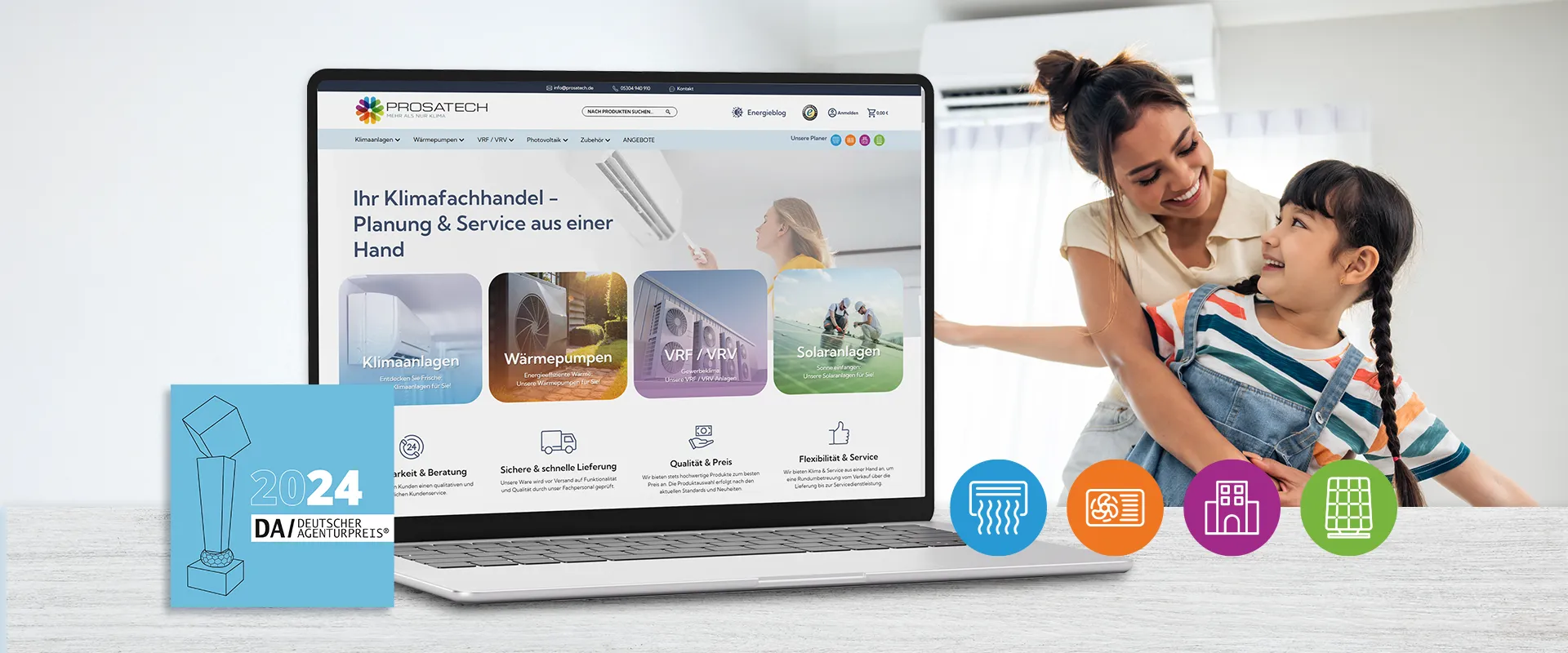 E-Commerce Webshop Prosatech – Startseite des Onlineshops auf einem Laptop und einer Mutter die glücklich vor einer Klimaanlage ihre Tochter umarmt