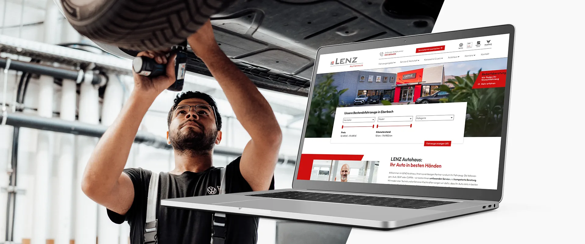 Corporate Website – Laptop mit Startseite von Lenz Autohaus