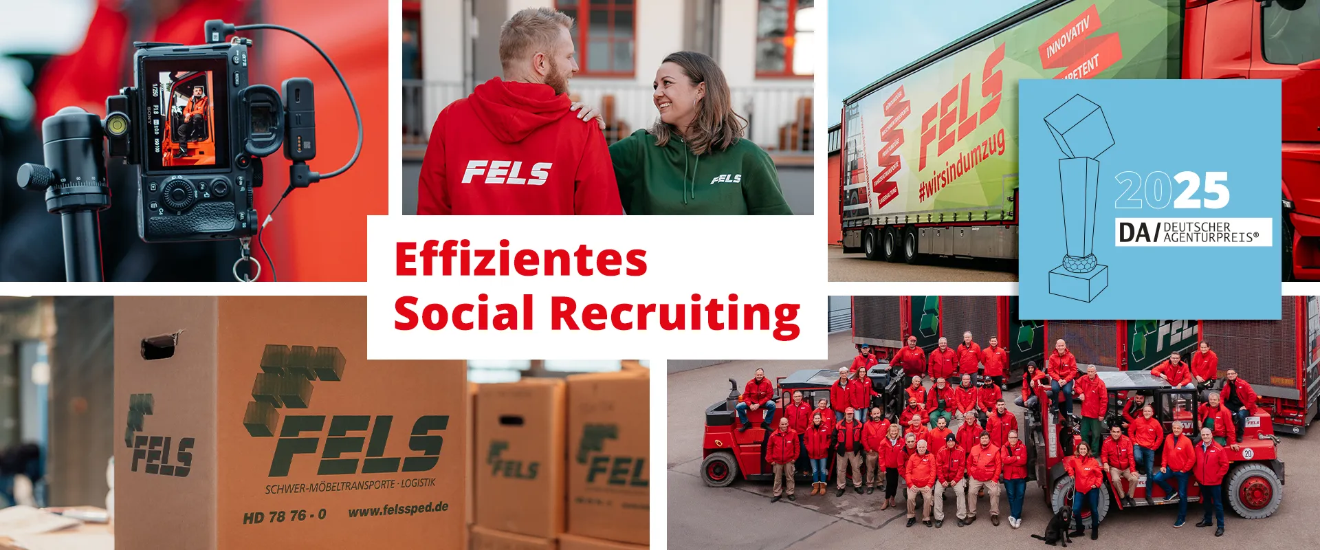 Social Recruiting Spedition Fels - Collage zum Fels Social Recruiting mit Kamera-Setup, Mitarbeitenden, LKW und Umzugskartons