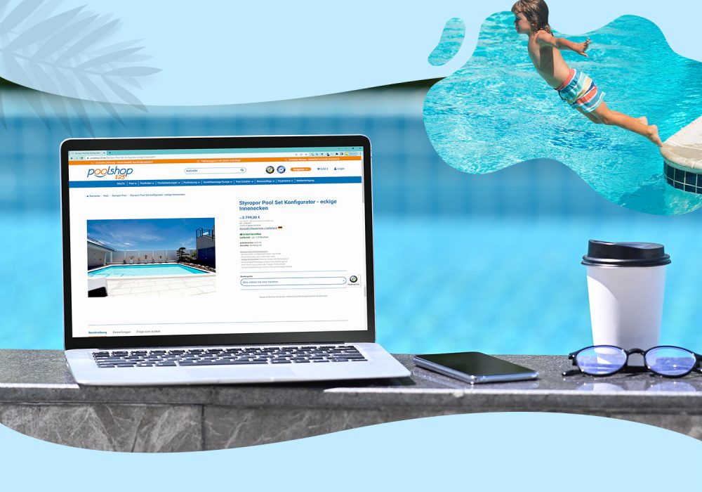 Poolshop123 Detailansicht Styropor Pool Set Onlineshop auf Latop neben Poolanlage